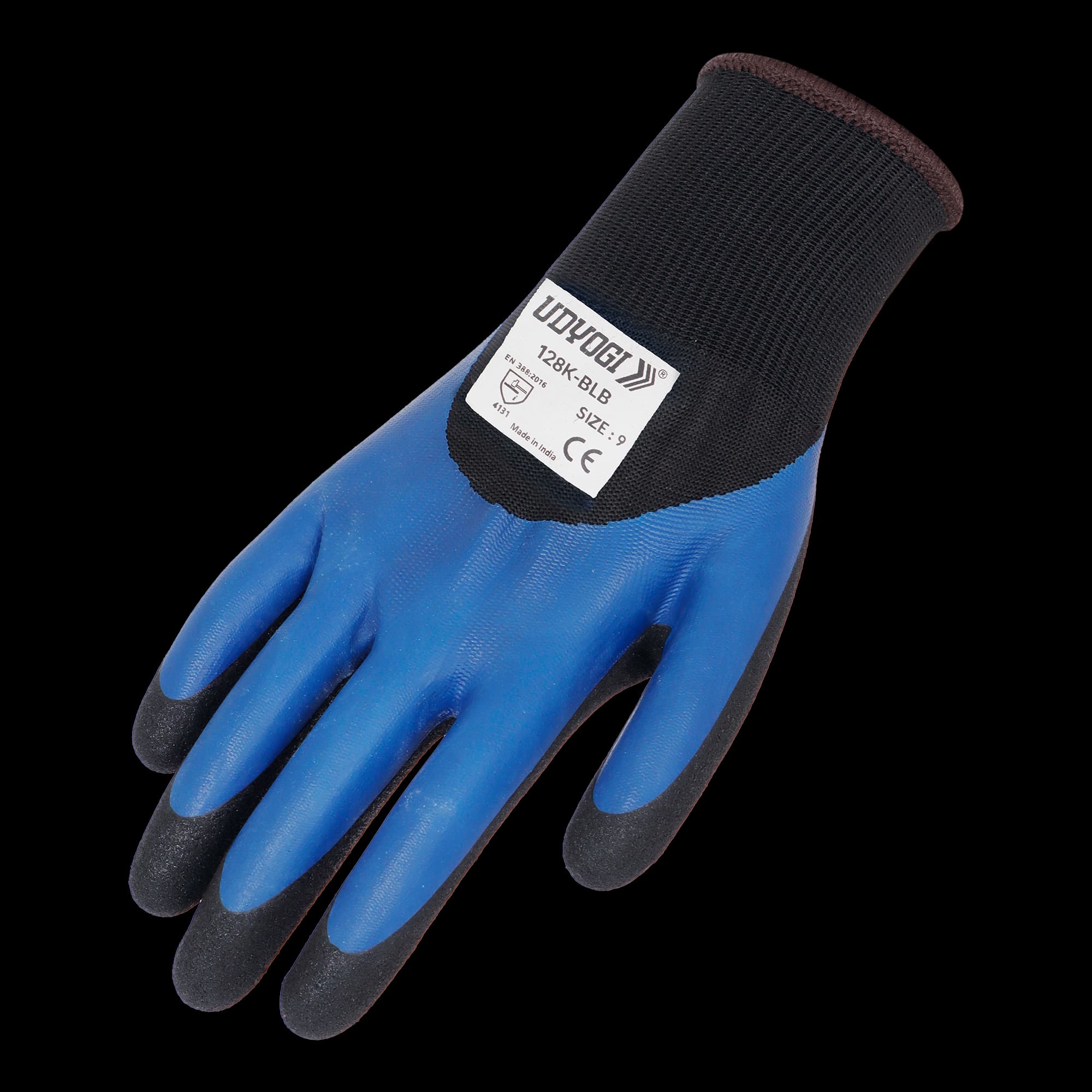 Industrial safety product: 128K-BLB-Glossy Over Sandy Nitrile Double Dip Palm Coated Gloves